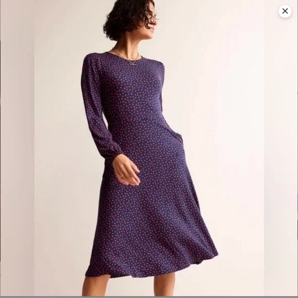 Boden Camille Blue Red Polka Dot Jersey Midi Dress 6P